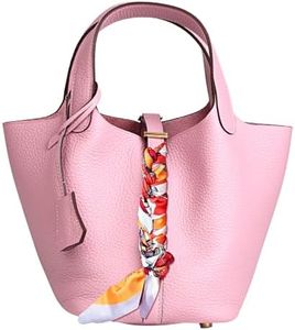 Lafillmiss Leather Handbag (Scarf Detaches) Genuine Leather Bucket Bag for Women,Market Tote Bags with Metal Clasp(Mallow Purple-gold)