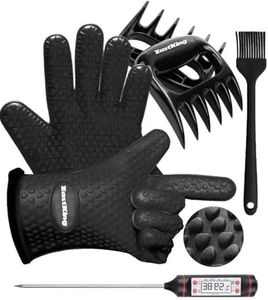 EastKing Smoker Accessories Set-Grilling Oven Gloves,BBQ Claws,Meat Thermometer and Silicone Brush BBQ Set for Cooking Barbecue Baking (Black)