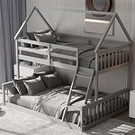 KOMFOTT Wood Twin Over Full House Bunk Bed with Built in Ladder, Solid Pine Wood Bunk Bed Frame with Safety Guardrails, House Bunk Bed Frame for Kids, Teens, Juniors, No Box Spring Needed (Grey)