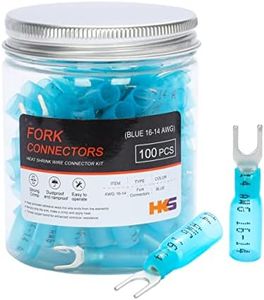 HKS 100PCS Fork Connector #8 Blue 16-14 Gauge - Heat Shrink Spade Fork Wire Connectors Kit - Tinned Red Copper - Automotive Marine Crimp Connectors - Waterproof and Insulated Terminals
