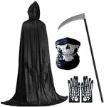 Woeau 4 PCS Grim Reaper Costume Set - Halloween Costumes for Adult and Kids, Black Cloak, Grim Reaper Staff, Skull Mask and Skeleton Gloves, Death Reaper Costume Accessory