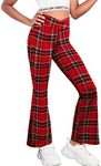 Zaclotre Girls Flare Leggings High Waisted V Crossover Casual Yoga Bell Bottoms with Pockets Pants for Kid Red Plaid