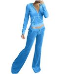 2 Piece Outfits For Women Tracksuit Long Sleeve Velour For Velvet Ladies Hoodie Sweatshirt Jogging Workout Sets Ladies Sports Fashion Casual Suit Sportswear Ladies Solid Color Sweatsuit Sky Blue M