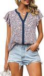 Gaharu Women's Notch V Neck Short Sleeve Chiffon Shirts Casual Lace Blouse Top, Multicolor Pink#2, Large