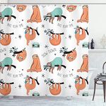 Ambesonne Sloth Shower Curtain, Pattern with Cute Hand Drawn Sloths on Branches Laziness Mood Quotes Fun, Fabric Bathroom Decor Set with Hooks, 70" Long, Orange Light Blue Black