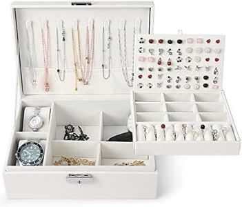 KTMOUW Jewelry Box, 2 Layer Large Jewelry Organizer PU Leather Travel Jewelry Case With Lock Vintage Jewelry Storage Display Case with Removable Tray for Ring Earring Necklace Bracelet Watch, White