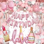 Pink Balloons Arch Kit Birthday Girl Party Decorations Happy Bithday Love Crown Bow Bottle Lipstick Foil Balloons for Women Girl Birthday Baby Shower Weeding Party Decorations