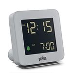 Braun Digital Alarm Clock with Snooze, Negative LCD Display, Quick Set, Crescendo Beep Alarm in Grey, Model BC09G.