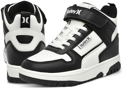 Hurley Kids' Carson High-Top Sneakers with Adjustable Strap, High Top Shoes for Kids, Sturdy Padded High Cut Sneakers for Boys and Girls, Fashionable Basketball Shoes for Kids, Black/White, 4 Big Kid