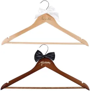 JOVGANK 2 Pack Bride Hanger, Wedding Hanger Gift, Wooden Bride and Groom Wedding Dress Hangers with Attached Bow Tie, Bridal Shower Gifts, Bridal Tuxedo Suit Wedding Gift for Couples