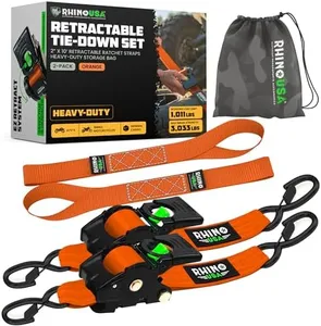 Rhino USA Retractable Ratchet Straps (2-Pack) - 2 Inch x 10 Feet (3,033lb Break Strength) - Heavy Duty Auto Self Retracting Tie Down Straps for Truck, Cargo Trailer, Motorcycle, Rad & More - Orange