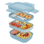 Bento Box Adult Lunch Box, Stackable Lunch Box Containers for Adults Kids, Salad Bowls, 3-Layer 1.9L Food Containers with 3 Cutlery, for Work School Picnic, 8.5"×5.7"×3.9"(Light Blue)