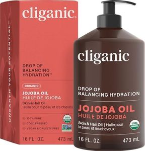 Cliganic USDA Organic Jojoba Oil 16oz with Pump, 100% Pure | Bulk, Moisturizing Oil for Face, Hair, Skin & Nails | Natural Cold Pressed Hexane Free