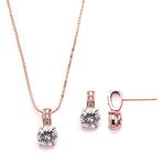 Mariell Rose Gold Round-Cut Cubic Zirconia Necklace Earrings Set for Brides, Bridesmaids & Everyday Wear