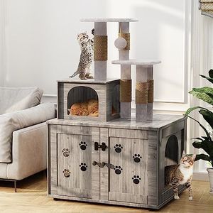 Recaceik Cat Litter Box Enclosure with Cat Tree, Hidden Cat Washroom Furniture with Divider, Wooden Cat House with Platform, Scratching Post and Soft Plush Perch, Indoor Pet Cabinet, Gray