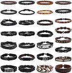 FUNRUN JEWELRY 29 Pcs Black Leather Bracelet Set for Men Women Cross Feather Charm Wide Wristband Brown Wood Wooden Beads Braided Woven Ethnic Tribal Bangle Set Adjustable Woven Cuff Bracelets