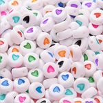 200pcs White Acrylic Flat Round Heart Beads 7mm Pony Disc Coin with Multicolor Enamel Heart Loose Beads Spacers for DIY Jewelry Bracelet Making