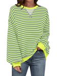 ANRABESS Women Striped Sweatshirt Long Sleeve Shirts Crewneck Oversized Casual Pullover Top 2024 Fall Fashion Outfits Clothes, Grey Fluorescent Green, Large