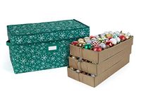 Covermates Keepsakes Adjustable Ornament Storage Box - Up to 96 Standard Compartments, Carrying Handles, Padded Protection - Holiday Storage - Green Snowflake