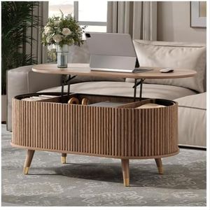 Oval Coffee Table with Lifting Top,42.5” Fluted Center Table with Hidden Compartment & Solid Wood Legs,Mid Century Modern Accent Coffee Tables for Living Room,Apartment,Walnut