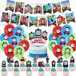 Hanjiejie Thomas Train birthday party supplies, including cake caps, cupcake caps, flags, Latex Balloons, It is very suitable for boy's and girl themed birthday party supplies.