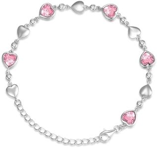 Carleen October Birthstone Bracelet Sterling Silver Pink Tourmaline Bracelet for Women Heart Station Tennis Bracelet Jewelry Gifts for Women
