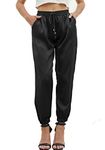 Women's Satin Silky Joggers Casual Low Drawstring Elastic Waist Cargo Pants, Lowwaist Joggers Black, Medium