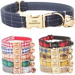 PETDURO Personalized Handmade Plaid Cat Collars with Bell & Name Engraved Metal Buckle Customized for Cute Girl and Boy Cats - Matching Bow Tie Available