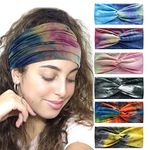 6Pcs Bandana Headbands for Women Wide Wavy Headscarf Boho Head Scarfs Wraps Turban Fabric Elastic Headband Yoga Hairbands Sport Running Headscarves (Splicing)