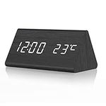 RIIKUNTEK Desk Clock, Wooden Digital Alarm Clock, Alarm Clock Bedside, LED Display with Time, Month, Year, Temperature, 3 Alarms, 3 Brightness Dimmer, Voice Control, Clocks for Bedrooms, Office, Black