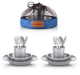 Wealers Unique Complete Messware Kit Polished Stainless Steel Dishes Set| Tableware| Dinnerware| Camping| Buffet| Includes - Cups | Plates| Bowls| Cutlery| Comes in Mesh Bags (2 Person Set)