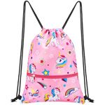 Unicorn Drawstring Backpack for Kids - Gym DrawString Bag for kids Swim Bag Girls Dance Draw String Bag Waterproof Beach Sport Gym String Bags with Zipper Pocket Pink Cinch Backpack for Girls