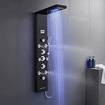 POPFLY 6 in 1 LED Rainfall Shower Panel Tower System, Body Massage Shower System with Adjustable 4 Body Massage Jets and 4 Sprayer Nozzles, Wall Mounted Stainless Steel Shower Column with 3 funtions shower handheld and Waterfall Tub Spout,Black