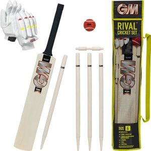 GM | Rival Wooden Cricket Set | 1 x Rival Bat, 1 Pair Batting Gloves, 1 x Soft Red Tennis Ball, 4 Stumps & 1 Bail | Carry Bag | Size 6 Suitable for Players 157-163cm / 5' 2" - 5' 4" | Gunn & Moore