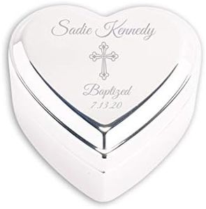 Cherished Moments Personalized Heart Jewelry Keepsake Box with Custom Engraved Cross and Name for Baby Baptism Gift for Girls, Silver Toned