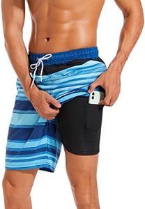 difficort Mens Swim Trunks with Compression Liner Quick Dry Bathing Suits Shorts with Zipper Pockets,Black & Blue Stripe,Small