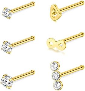 D.Bella 20G Nose Rings Studs Surgical Steel Nose Studs Pin Bone Straight Nose Ring 1.5mm 2mm 2.5mm 3mm CZ Inlaid Nose Nostril Piercing Jewelry Gold