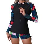 Deals of The Day Lightning Deals Women Two Piece Rash Guard Long Sleeve Swimwear Uv UPF 50+ Bathing Suit Tropical Print Swim Shirt with Boyshort Bottom Sporty Swimsuits for Women