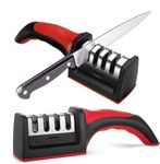 Longzon Manual 3 Stage Knife Sharpener for Kitchen, Knife Sharpener Rod, Knives Sharpening Tool for Steel Knives (Red Black)