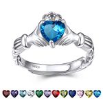 Bestyle Women Dainty Silver Claddagh Ring CZ Heart Diamond Rings 5mm December Blue Topaz Birthstone Solitaire Rings, 925 Sterling Silver Rings Jewelry Gift for Wedding Anniversary Birthday