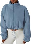 Muchpow Women's Full Zip Fleece Short Jackets Casual Winter Long Sleeve Stand Collar Sherpa Crop Coat, Blue, X-Large