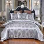 MIUNNG Retro European Palace Style Jacquard Satin Duvet Cover with zipper Very luxurious family Hotel Bedding Set Do not fade Antifouling (Gray Flower, King)