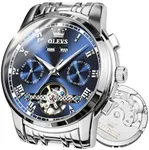 OLEVS Watch Men Automatic Luxury Large Blue Face Easy to Read Mechanical Self Winding Skeleton Waterproof Fashion Stainless Steel Casual Dress Mens Watches relojes para Hombres