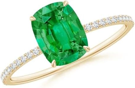 Angara Natural Emerald Ring for Women | Thin Shank Cushion Emerald Ring with Diamond Accents in Yellow Gold | May Birthday, Anniversary, Gemstone Jewelry Gift | AAA | 8x6mm | Ring Size- 6.5