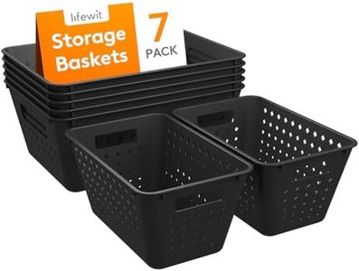 Lifewit Plastic Storage Basket, 7 Pack Stackable Storage Bins for Organizing, Multi Size Open Containers for Shelving, Pantry, Kitchen, Bathroom, Office and Cabinet, 5 Large and 2 Small Size, Black