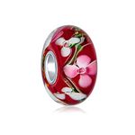 Murano Glass .925 Sterling Silver Core Floral Pink Red Cherry Blossom Flower Spacer Charm Bead Fits European Bracelet For Women Teen