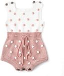 Simplee kids Baby Girl Romper Pompams White and Pink Newborn Sweater Sleeveless Cute Knit Baby Jumpsuit Outfit for Fall 12-18 Months Baby Girl