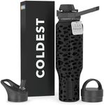 COLDEST Sports Water Bottle - 3 Lids (Chug Lid, Straw Lid, Handle Lid) Tumbler with Handle on Lid Water Bottles Cup Vacuum Insulated Stainless Steel, Fits Cirkul Lid (46 oz, Black Leopard)