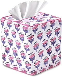 CPC Pink Sapphire Hand Block Printed Cotton Tissue Box Cover 5" x 5" x 5.5" Square Soft Reusable Boho Napkin Holder for Home Kitchen Dining Bathroom Office Cafe Spa Summer Thanksgiving