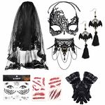 JeryWe Halloween Veil Masquerade Mask Choker Earrings Tattoo Stickers for Women Lace Masquerade Mask Black Gothic Choker Necklace Lace Gloves Dangle Earrings Halloween Costume Accessories (Style A)